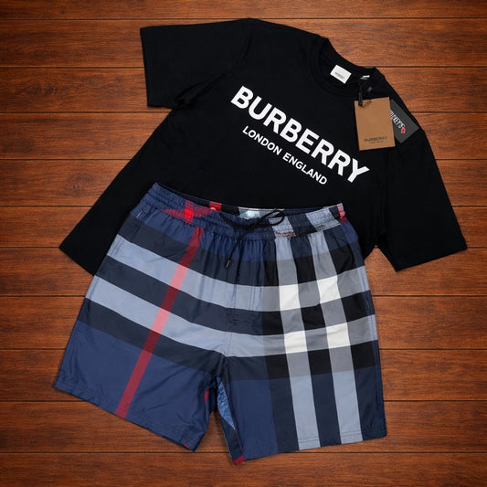 BURBERRY SHORT SET - BLACK TEE/ NAVY SWIM SHORTS