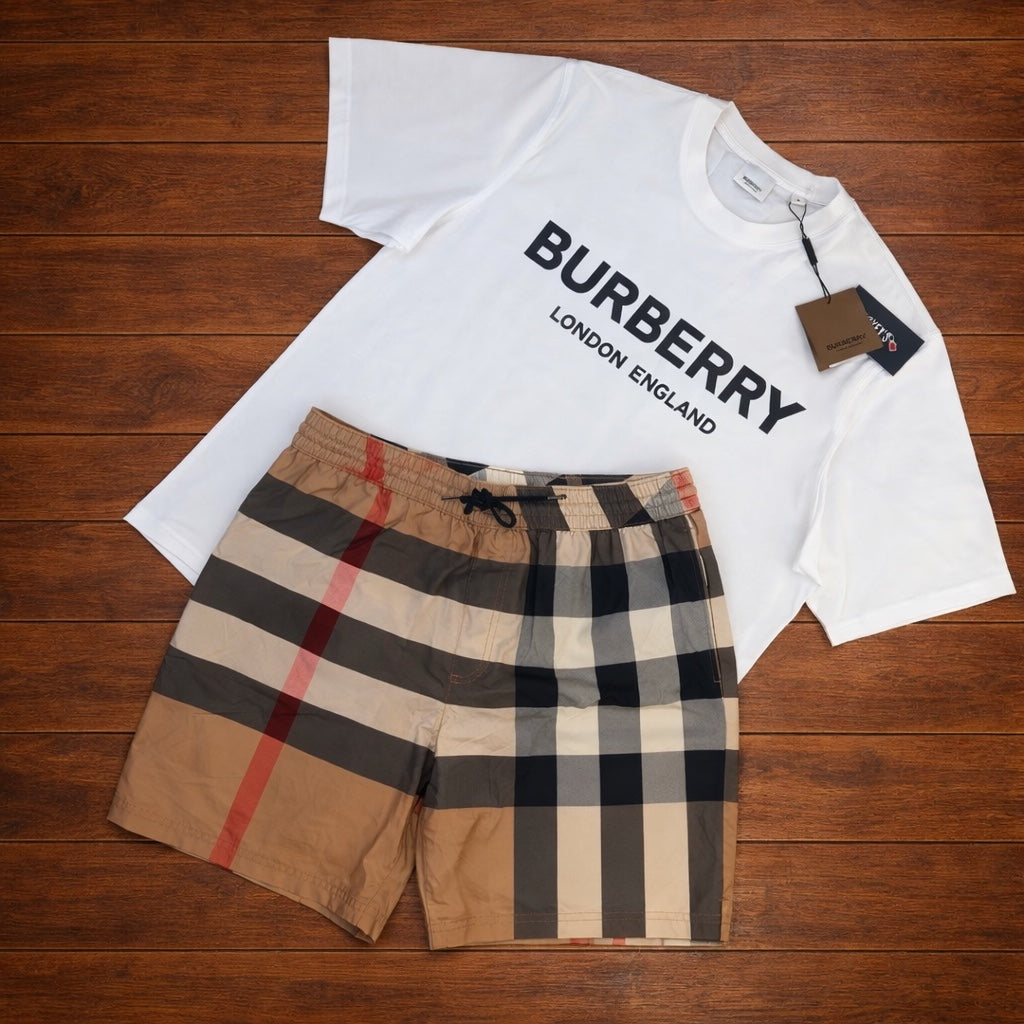 BURBERRY SHORT SET - WHITE TEE/BROWN SWIM SHORTS