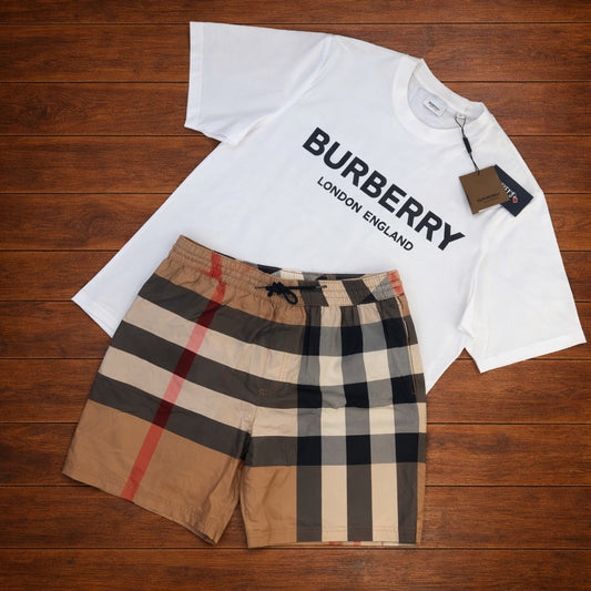 BURBERRY SHORT SET - WHITE TEE/BROWN SWIM SHORTS