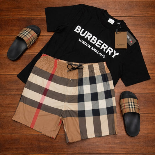 BURBERRY SHORT SET - BLACK TEE/BROWN SWIM SHORTS